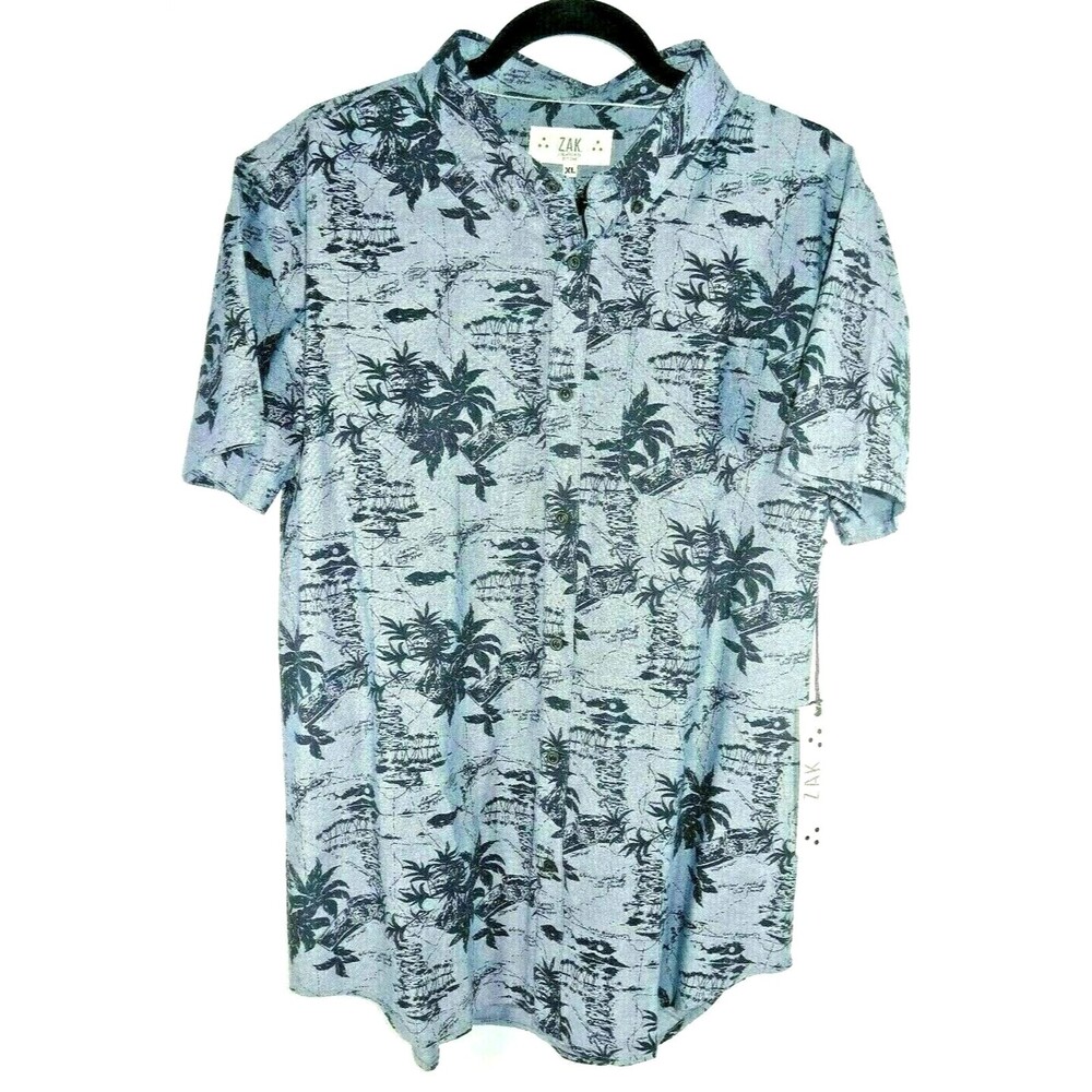 Z.A.K. Los Angeles Men's Blue Button Shirt Size XL Tropical Palm Trees Nautical